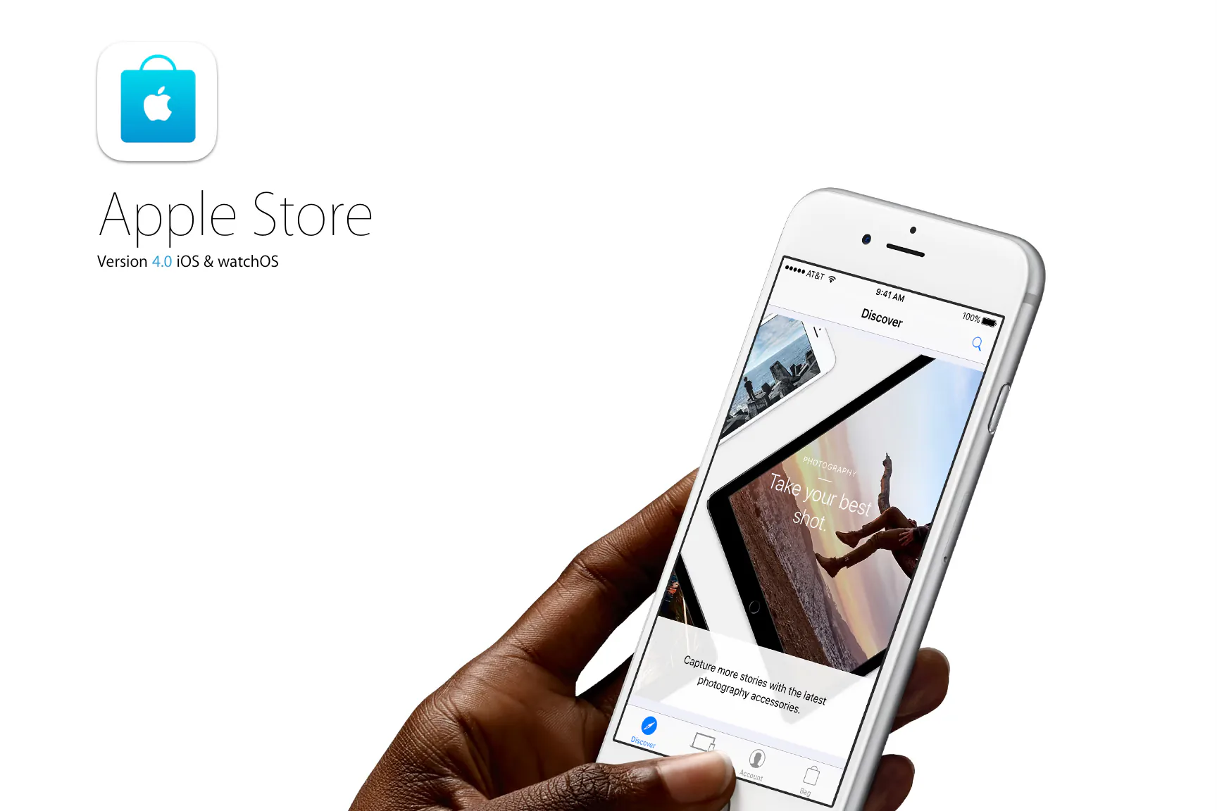 Apple Store app 4.0 marquee: a hand holding an iPhone on the new Discover tab