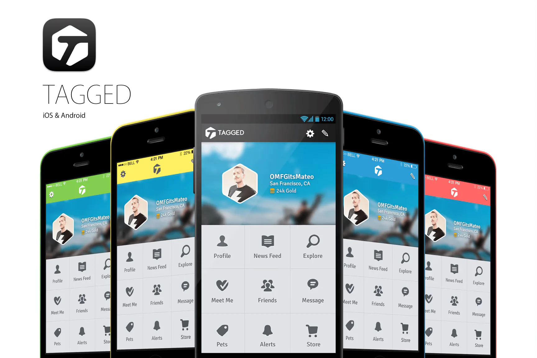 Tagged 2.0 device lineup: the T cube app icon and the tile-grid dashboard on Nexus 5 and iPhone 5c