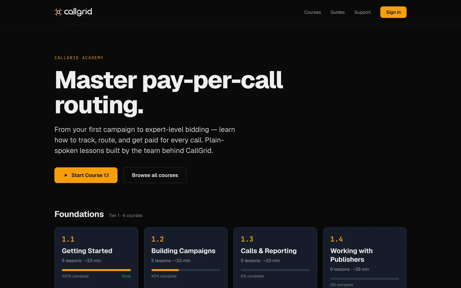 CallGrid Academy: 'Master pay-per-call routing.' with the Foundations course tier