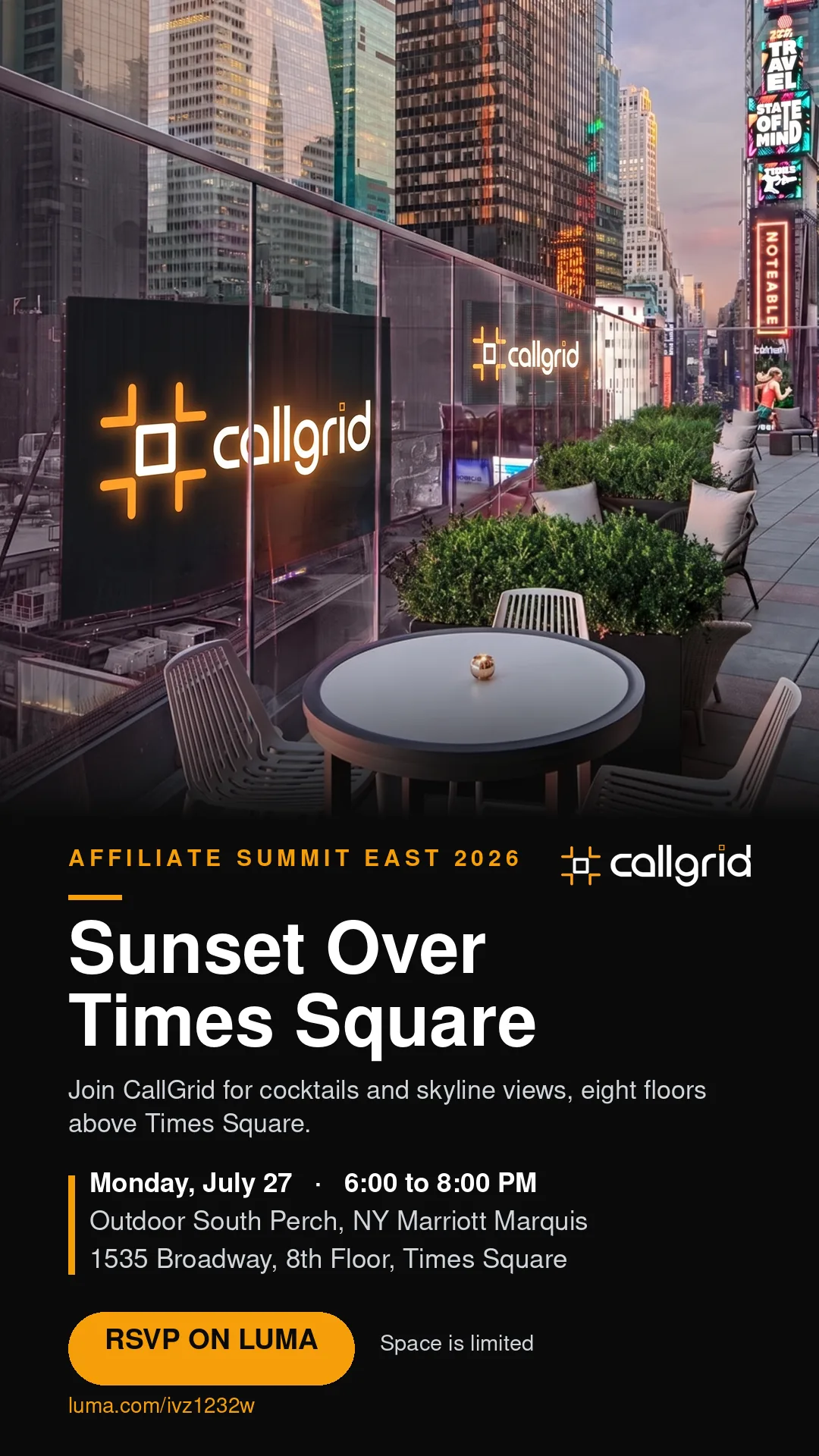Affiliate Summit East 2026 invitation: 'Sunset Over Times Square,' cocktails and skyline views eight floors above Times Square, Monday July 27