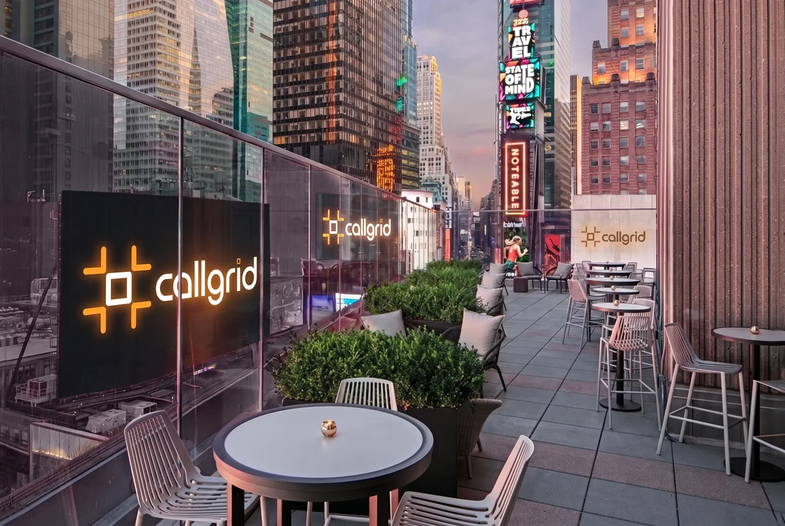 The South Perch terrace above Times Square, branded with a lit CallGrid mark for the evening