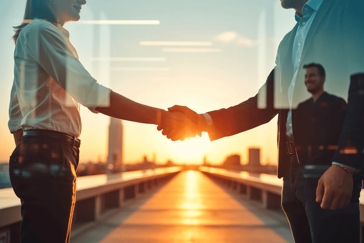 2025 CallGrid campaign image: a handshake silhouetted against a city at golden hour