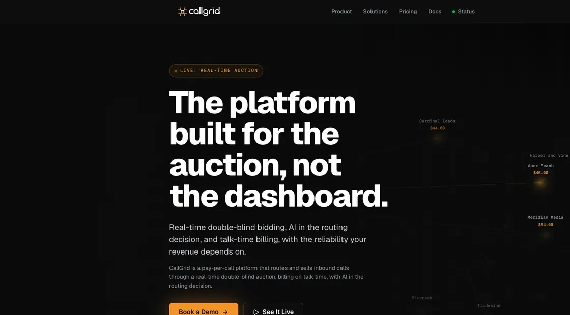 A June 2026 concept for the callgrid.com hero: 'The platform built for the auction, not the dashboard.'