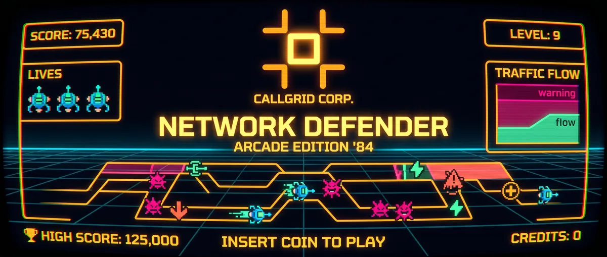 Arcade art for the game: CallGrid Corp. Network Defender, Arcade Edition '84