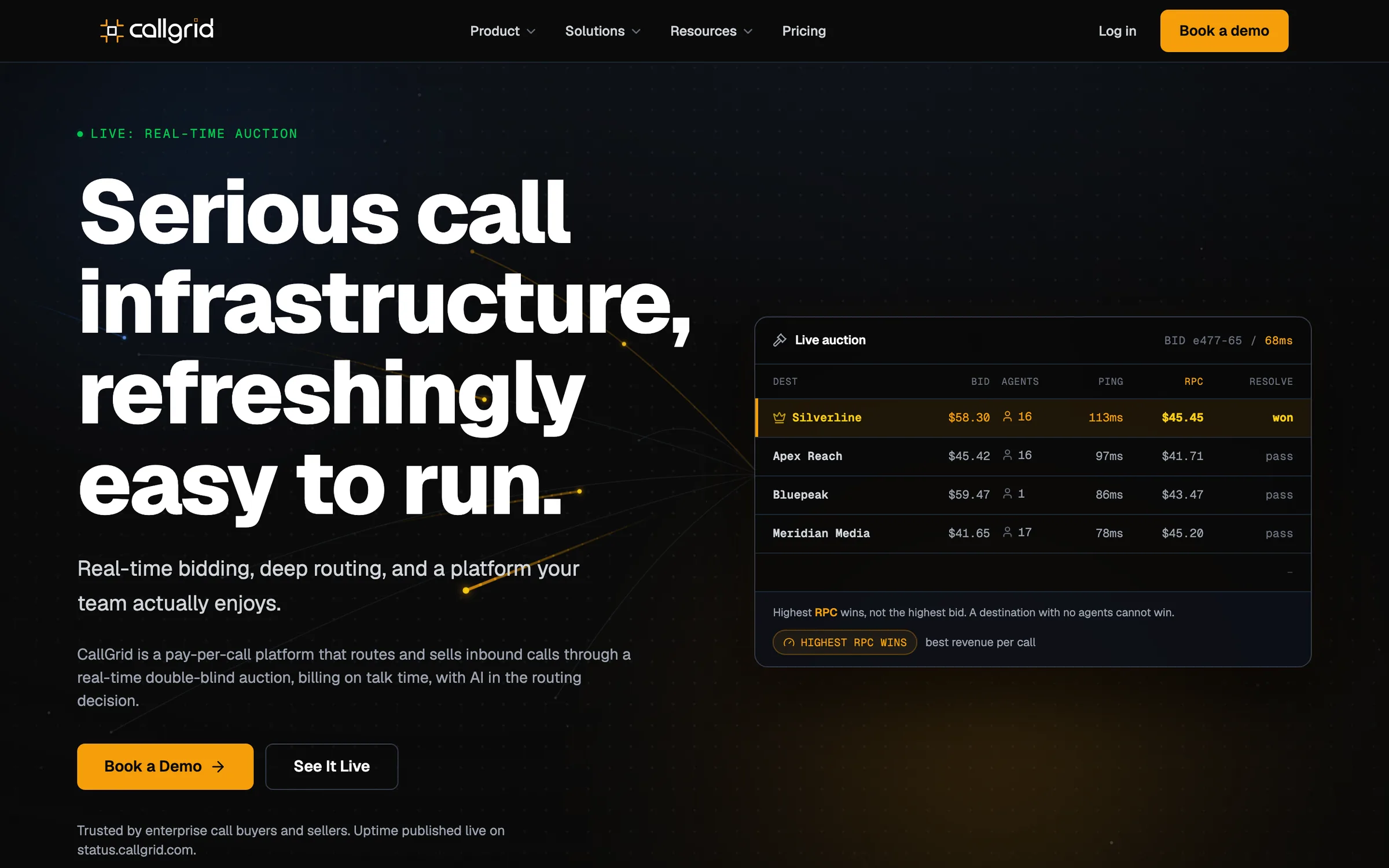 The live callgrid.com hero: 'Serious call infrastructure, refreshingly easy to run.' beside the live auction table