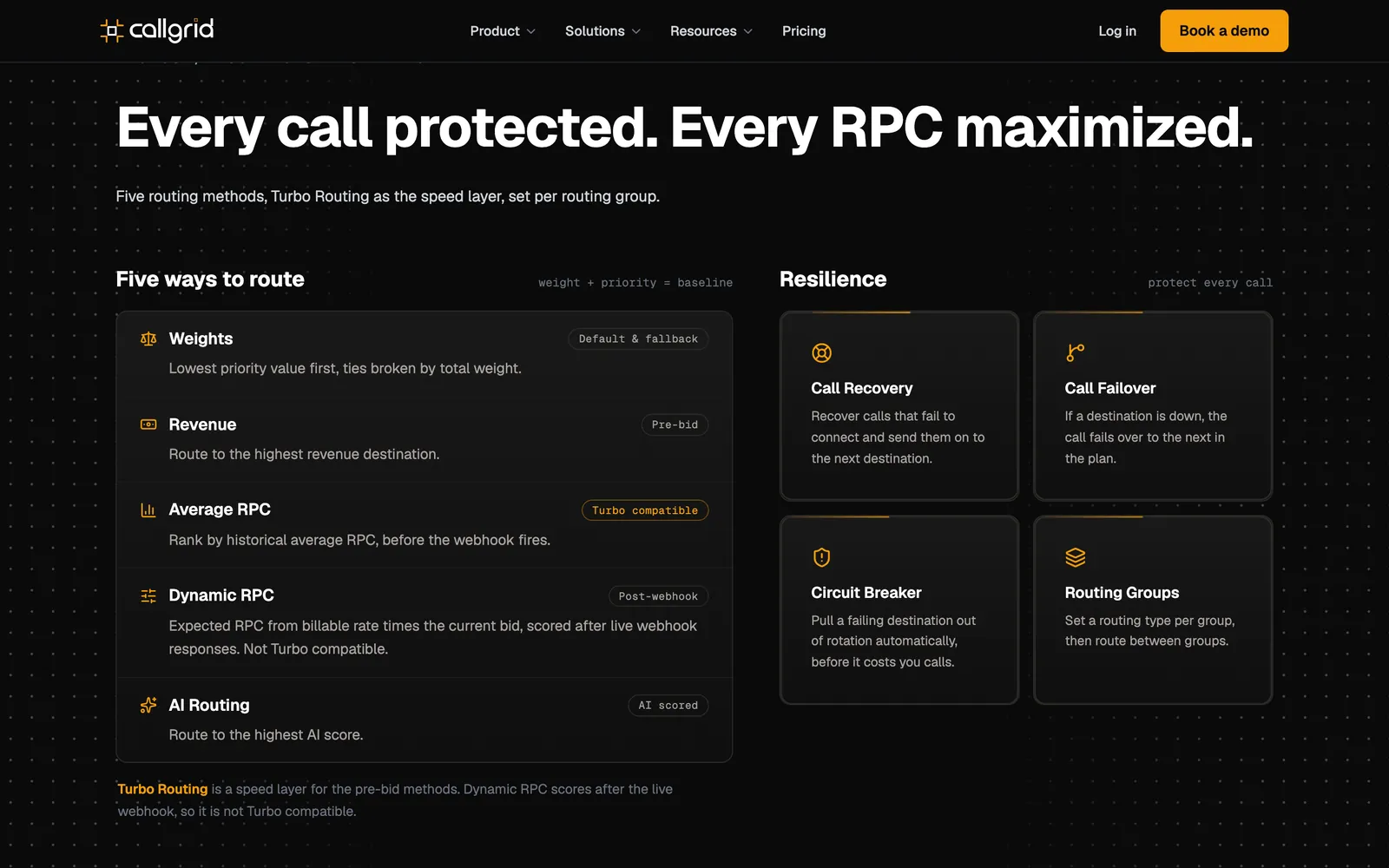 The Routing & resilience section of callgrid.com