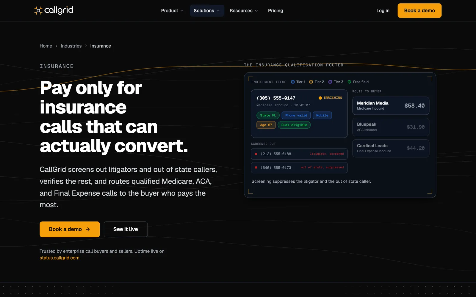 The Insurance section of callgrid.com