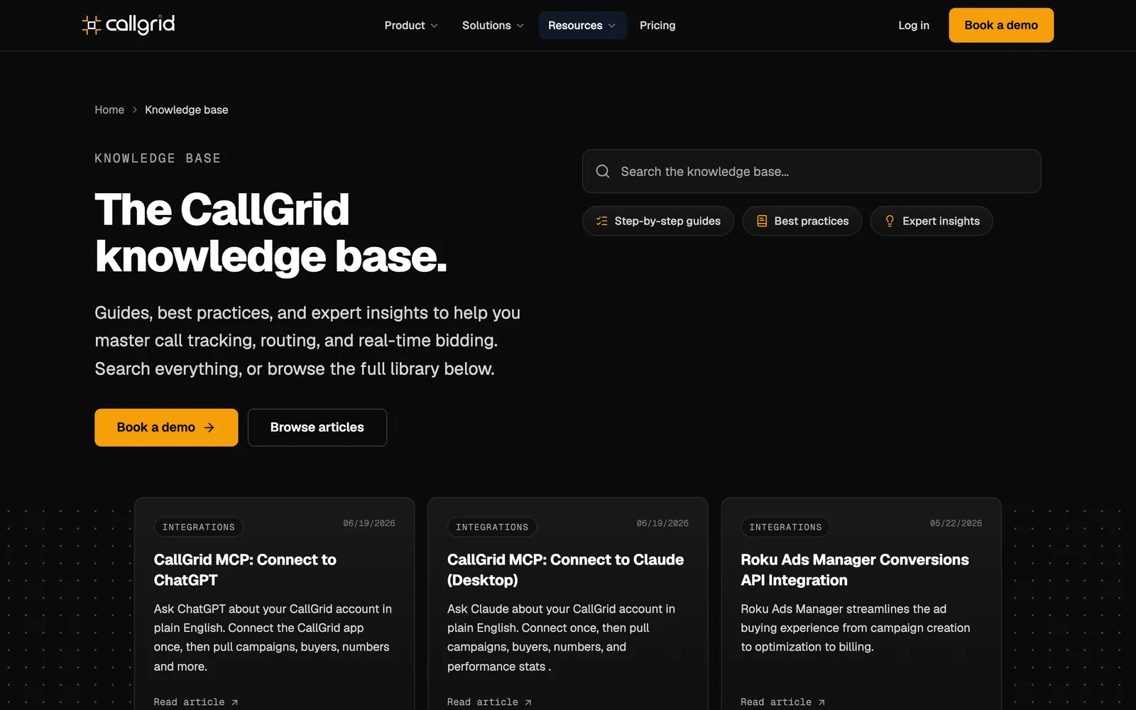 The CallGrid knowledge base: search, three article types and integration guides