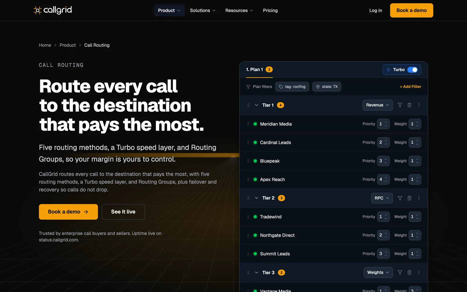 The Call routing section of callgrid.com