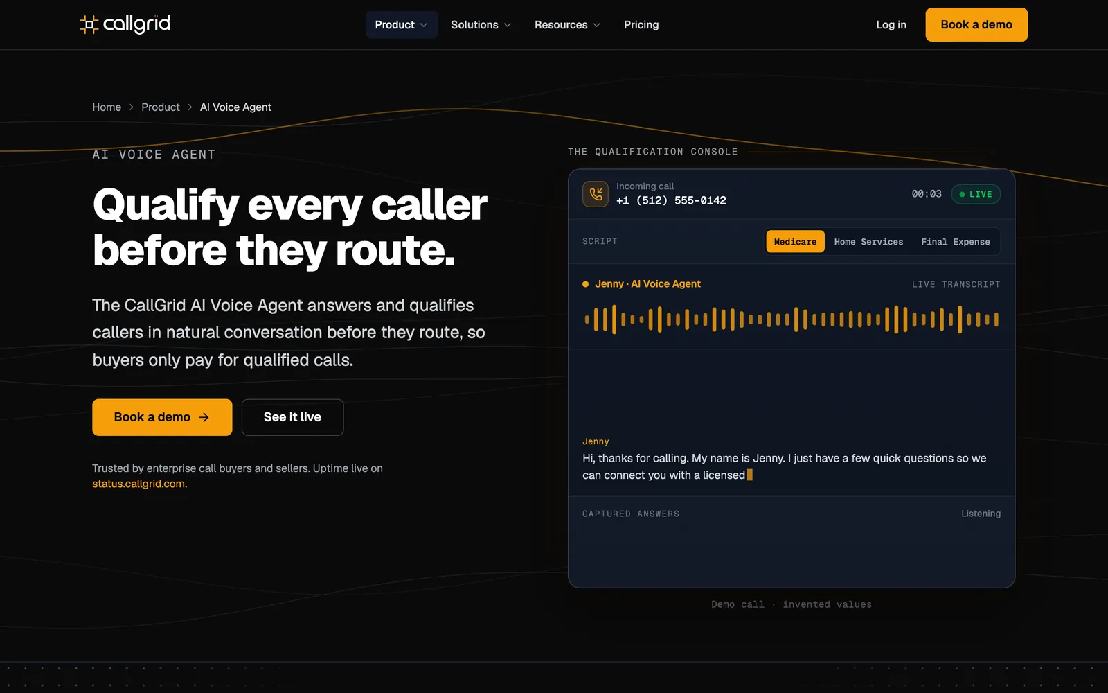 The AI voice agent section of callgrid.com